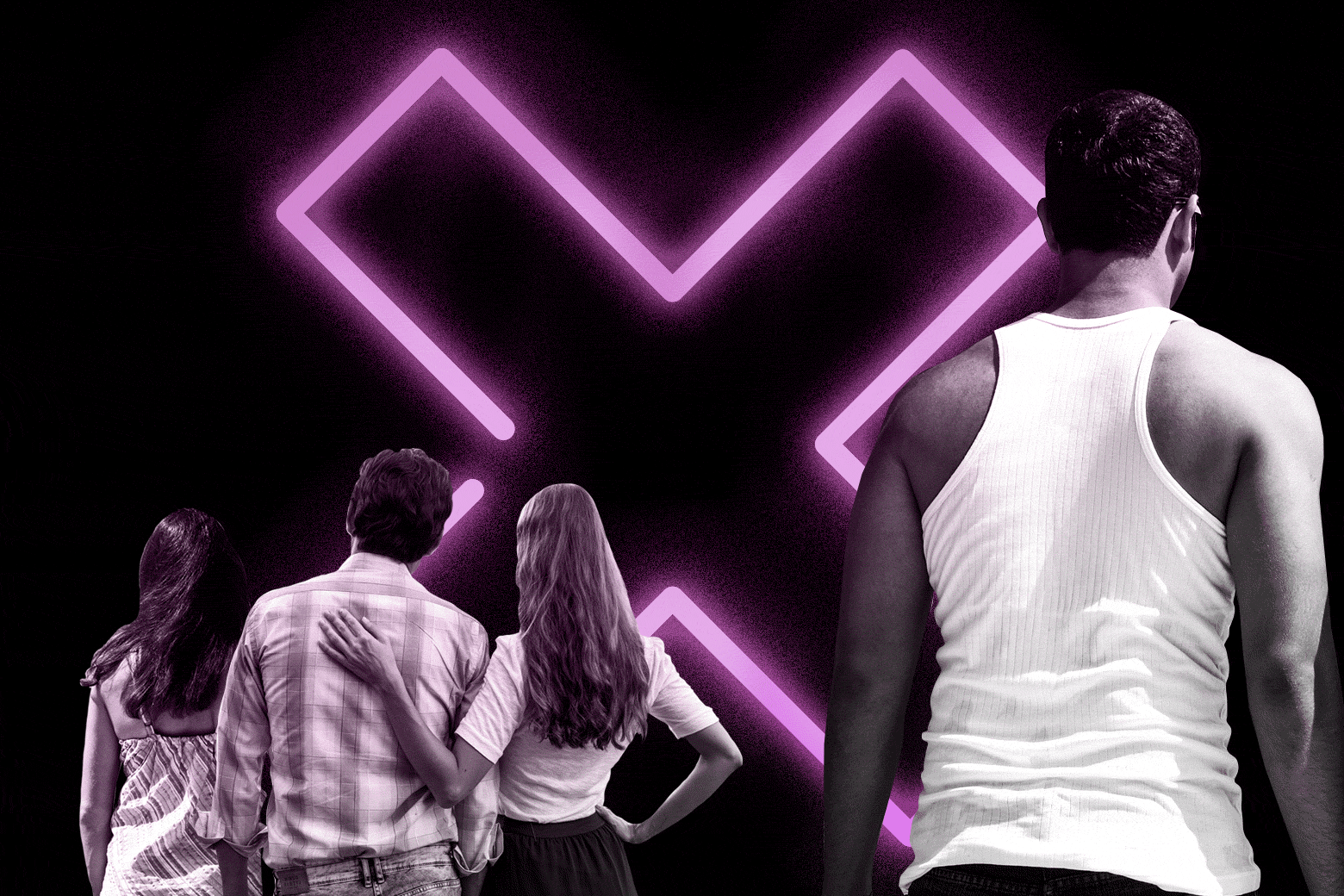 A man stands apart from a couple and another woman, with a neon X in the background.