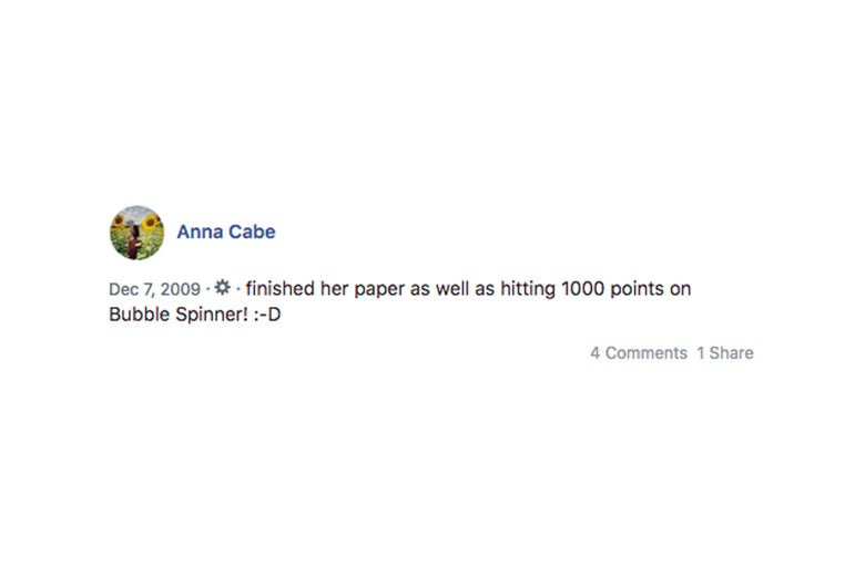 Screenshot of author's Facebook post that reads "finished her paper as well as hitting 1000 points on Bubble Spinner"