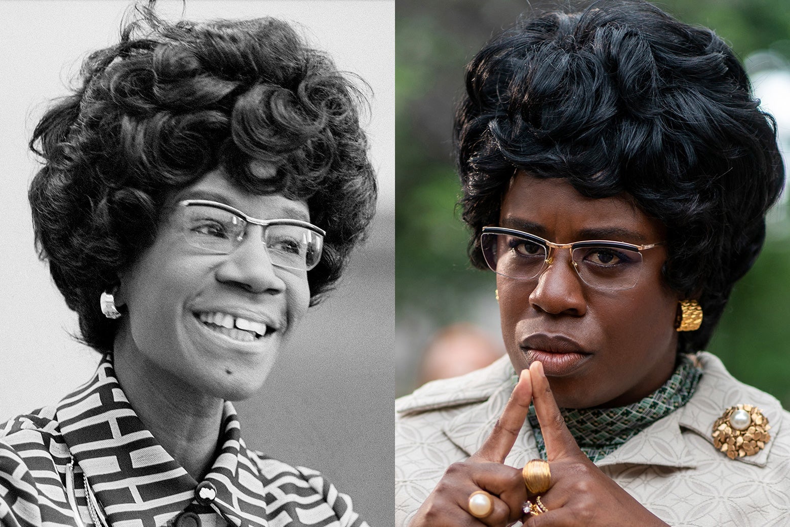 Side-by-side photos of Shirley Chisholm and Uzo Aduba as Chisholm