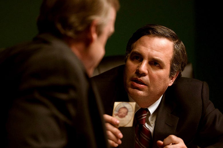 In a scene from Dark Waters, Ruffalo holds up a picture of a baby.