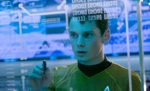 Anton Yelchin playing Chekov in Star Trek using a computer. 