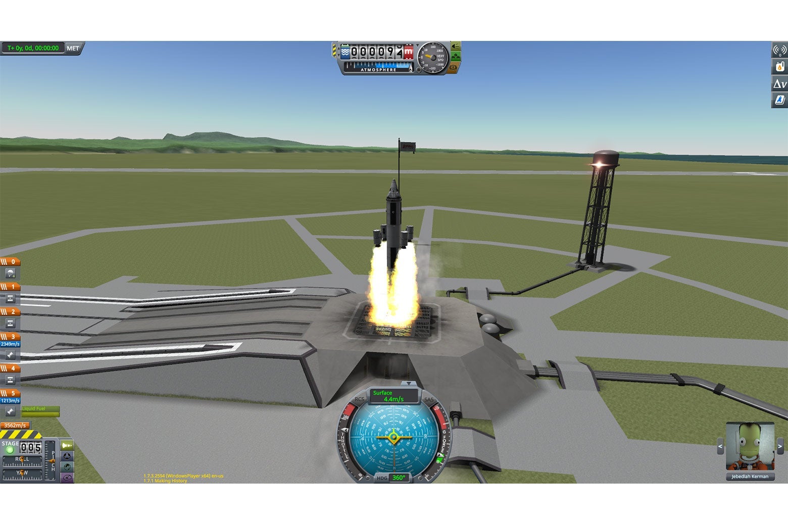 The four rocket boosters decouple from the ship and shoot off toward space right at the launchpad in an unintentional malfunction. In the pilot view window, Jebediah Kerman looks positively distressed.