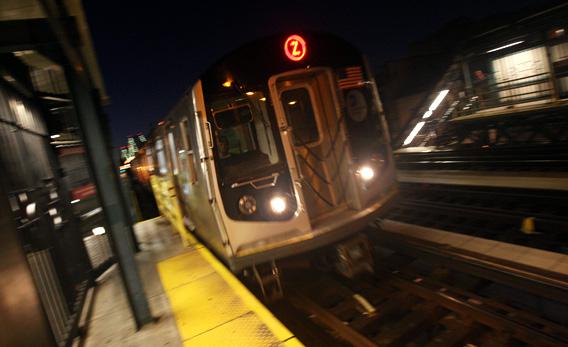 One of the Z subway trains passes by along the tracks in the Brooklyn borough of New York City. 