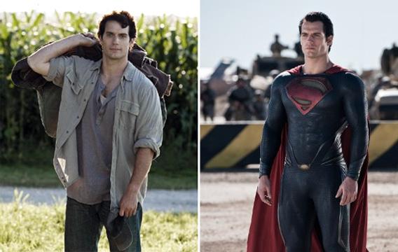 Henry Cavill in Man of Steel, as Clark Kent, left, and as Superman, right.