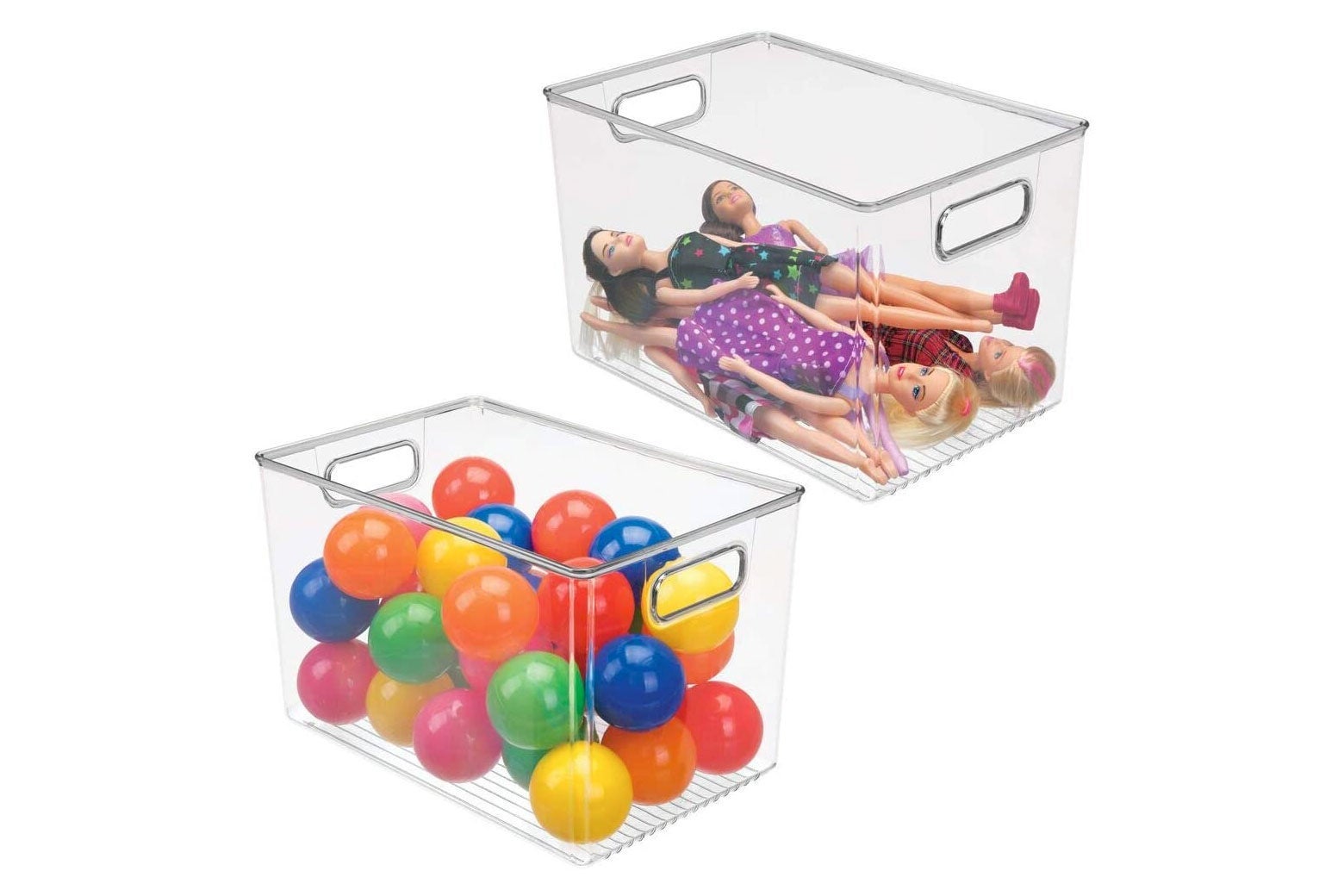 Two clear plastic bins filled with toys