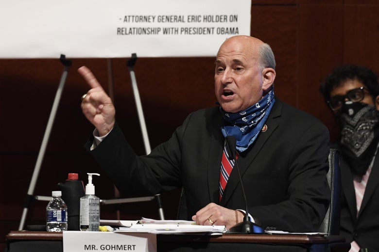 Rep. Louie Gohmert, wearing a blue bandana and shouting, speaks during the House Judiciary committee hearing on Capitol Hill on June 24, 2020 in Washington DC. 