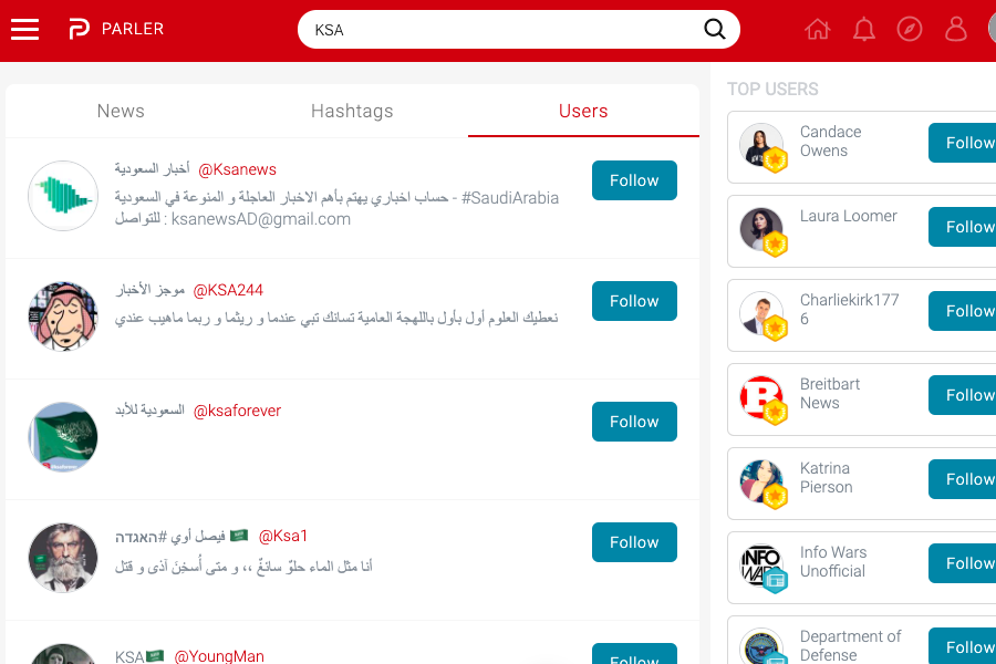 A screenshot of the Parler social media network shows accounts in Arabic script