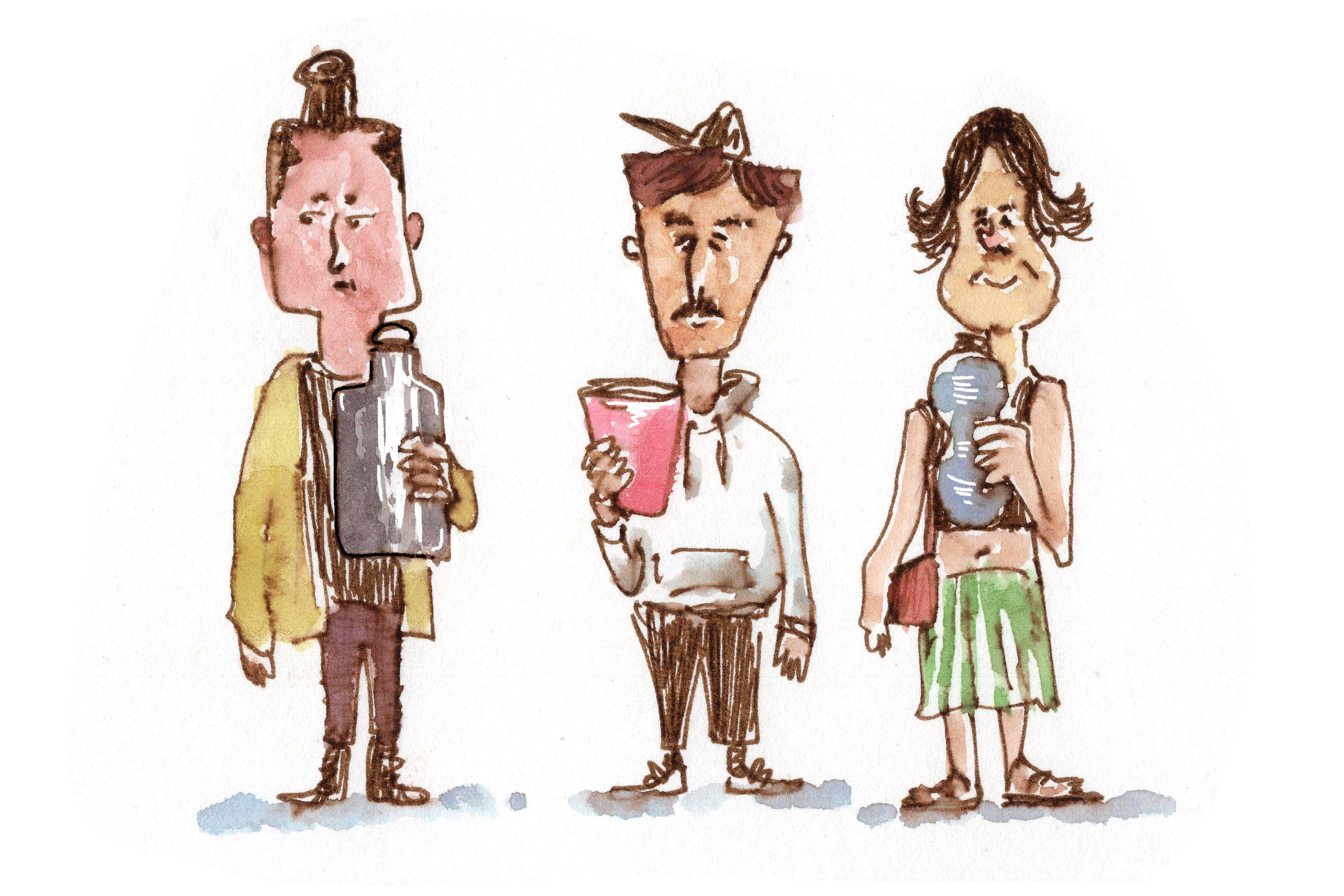 Three Olympic spectators are depicted as illustrations, each holding a different kind of drink container. From left to right, one holds a metal water bottle; one holds a large, red, reusable plastic cup, symbolizing the Coca-Cola branded cups at the Games; and one holds a plastic water bottle.