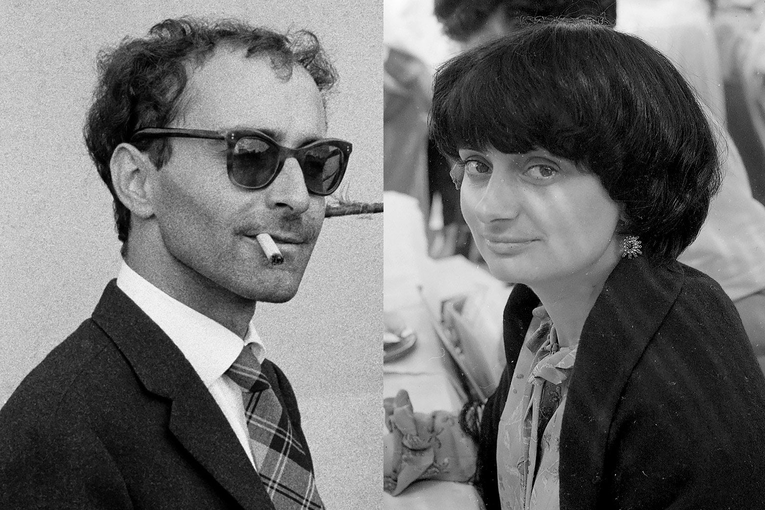 Two black and white photos side by side show the filmmakers looking young and stylish, Godard in a suit and his signature sunglasses and a cigarette dangling from his mouth, Varda with her trademark mop haircut