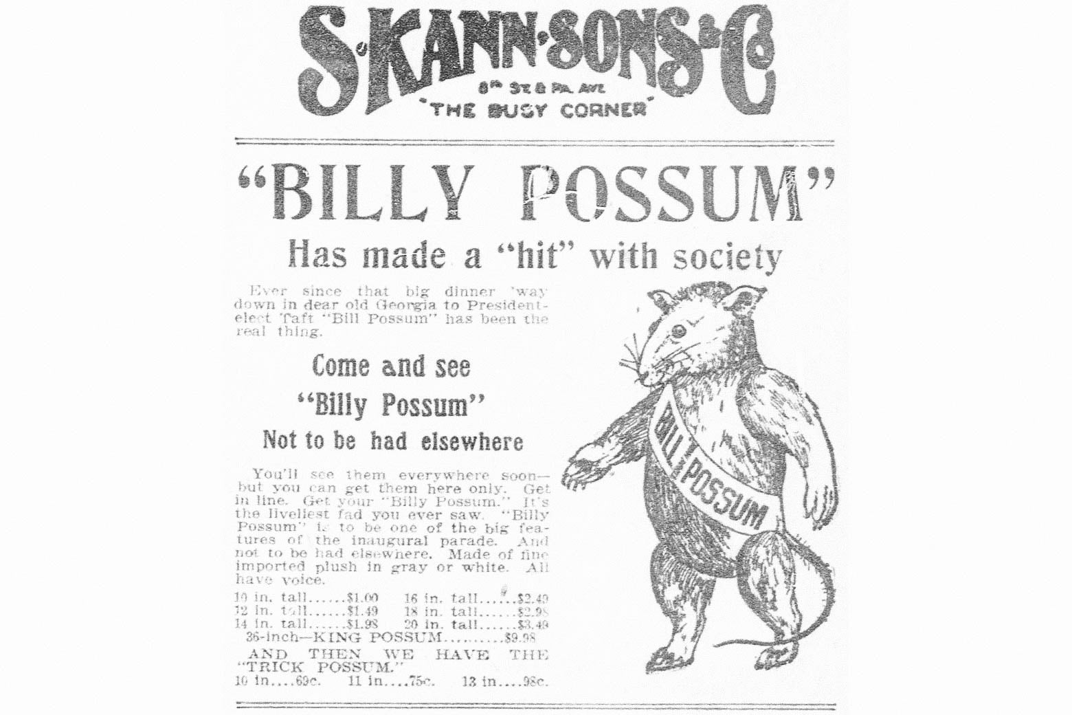 A newspaper ad for a Billy Possum toy from 1909.