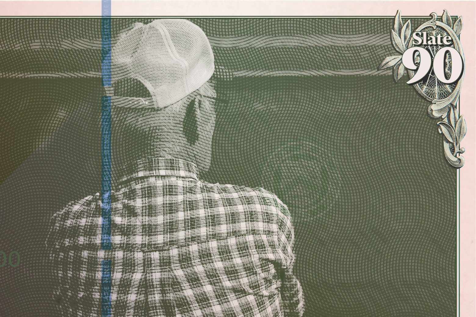 An older man in a plaid shirt and baseball cap, made to look like he's on a piece of paper money.