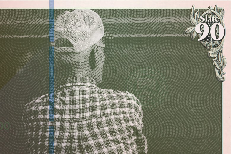 An older man in a plaid shirt and baseball cap, made to look like he's on a piece of paper money.