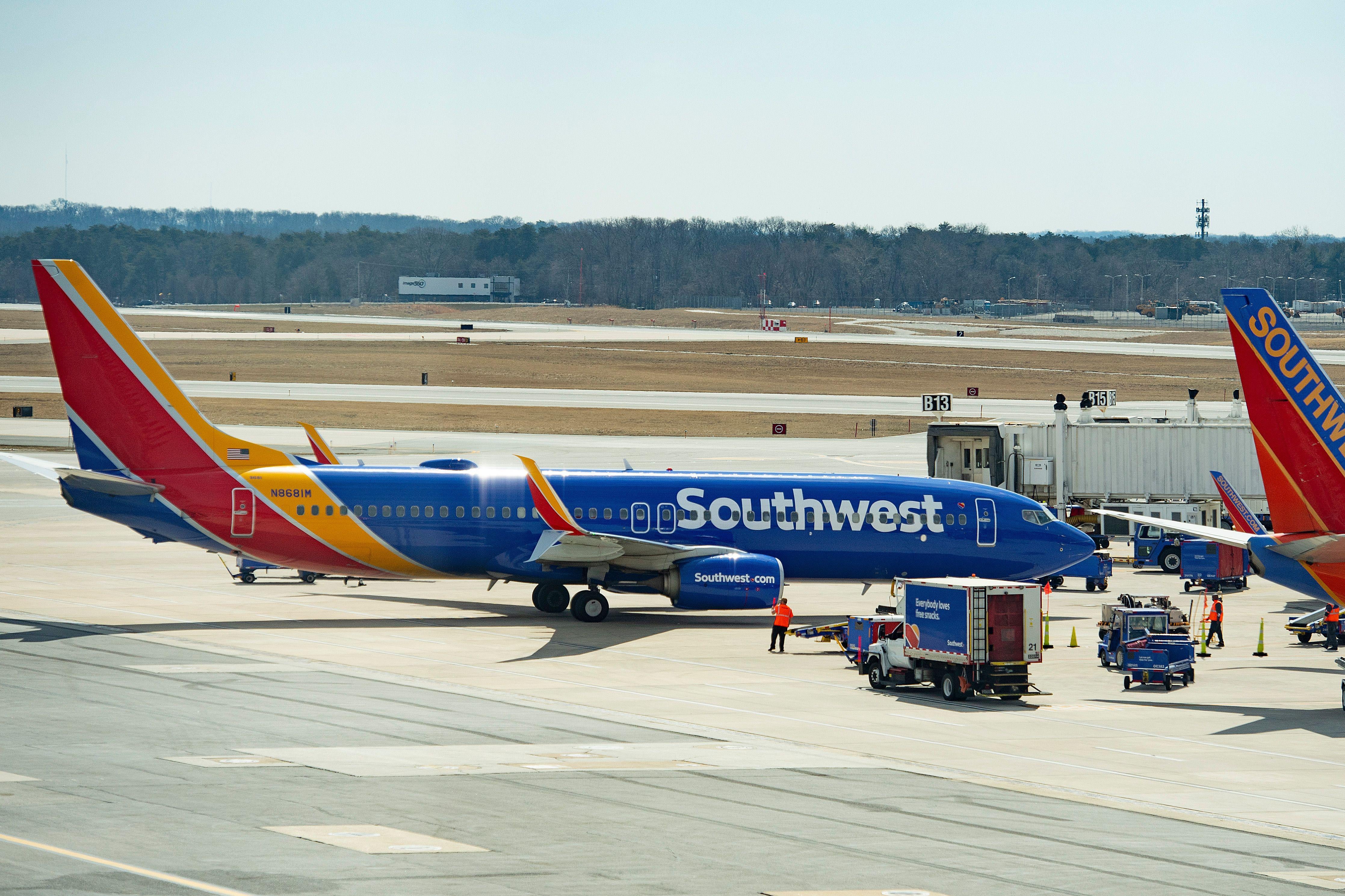 A Boeing 737 flown by Southwest Airlines taxis to the gate at BWI Airport on March 13, 2019.