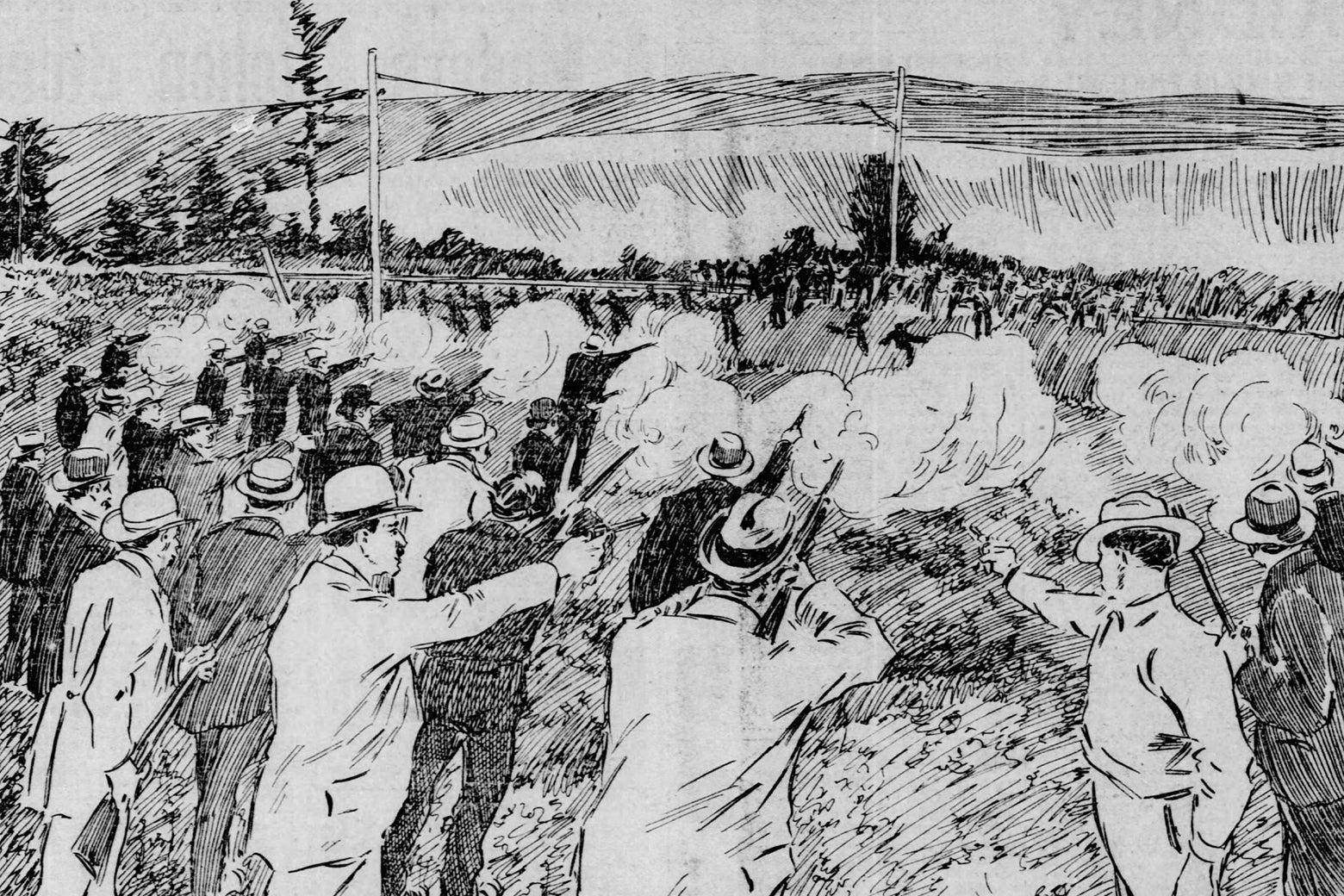 A 19th century newspaper illustration of a row of men with rifles firing into a fleeing crowd.