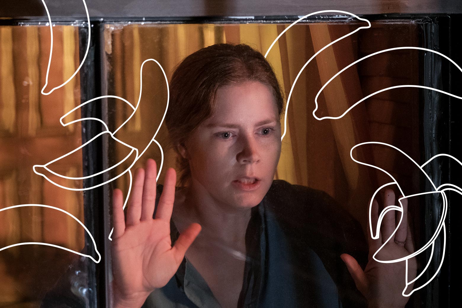 Amy Adams, framed by a window, looks exhausted and alarmed. Around her, photoshopped drawings of bananas.