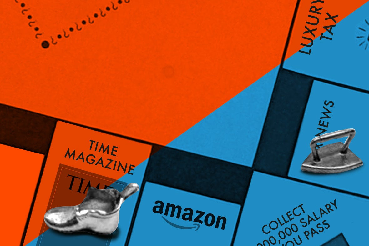 Monopoly-like board with labels like "Time Magazine," "Amazon," "Collect $2,000,000 Salary As You Pass," and "News"