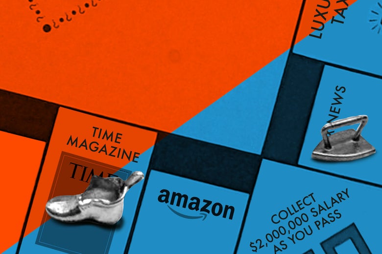 Monopoly-like board with labels like "Time Magazine," "Amazon," "Collect $2,000,000 Salary As You Pass," and "News"
