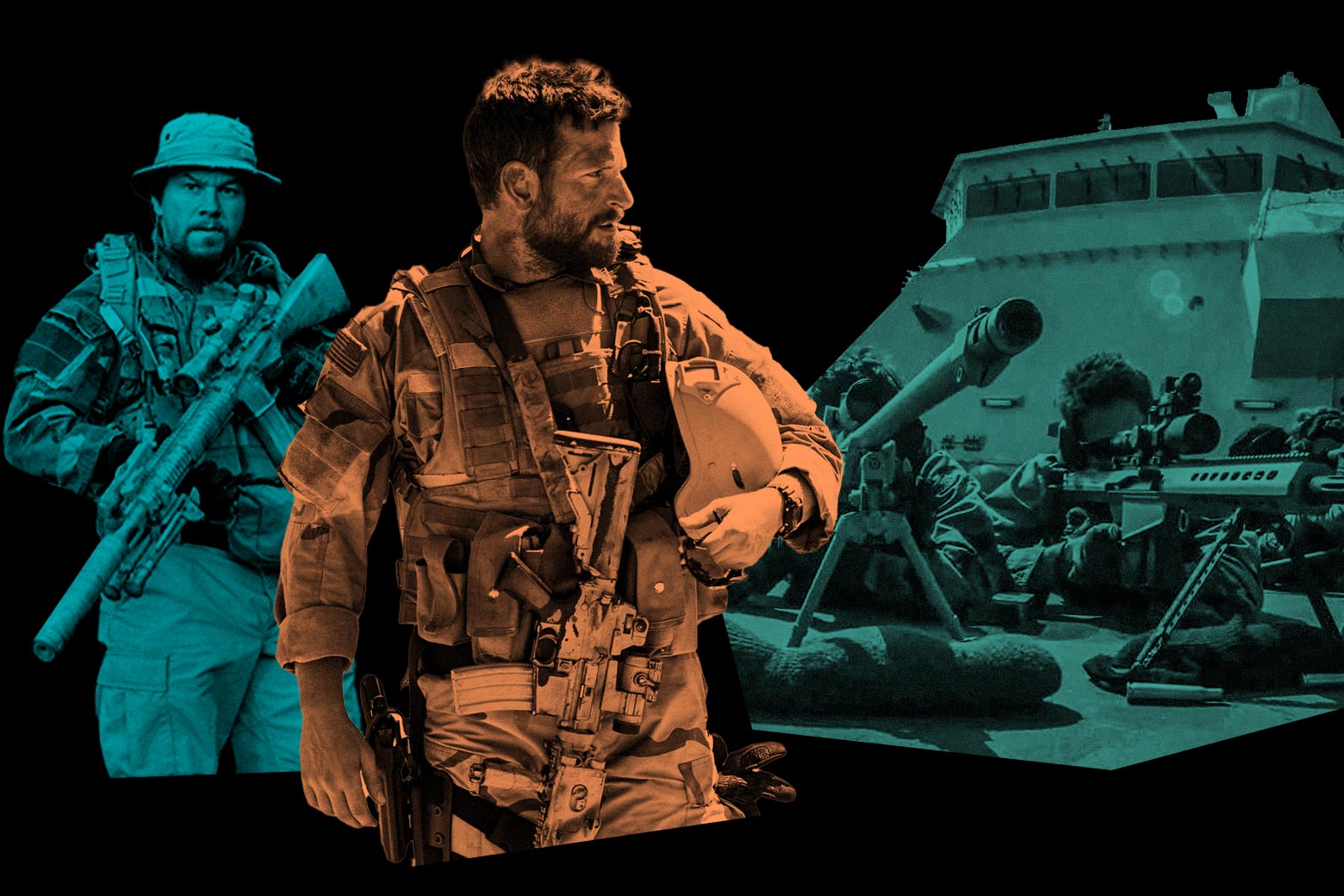 Mark Wahlberg and Bradley Cooper are seen dressed as soldiers, to the left of a ship and a collection of guns.