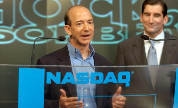 Amazon.com founder and CEO Jeff Bezos with NASDAQ president and CEO Bob Greifeld (right) 