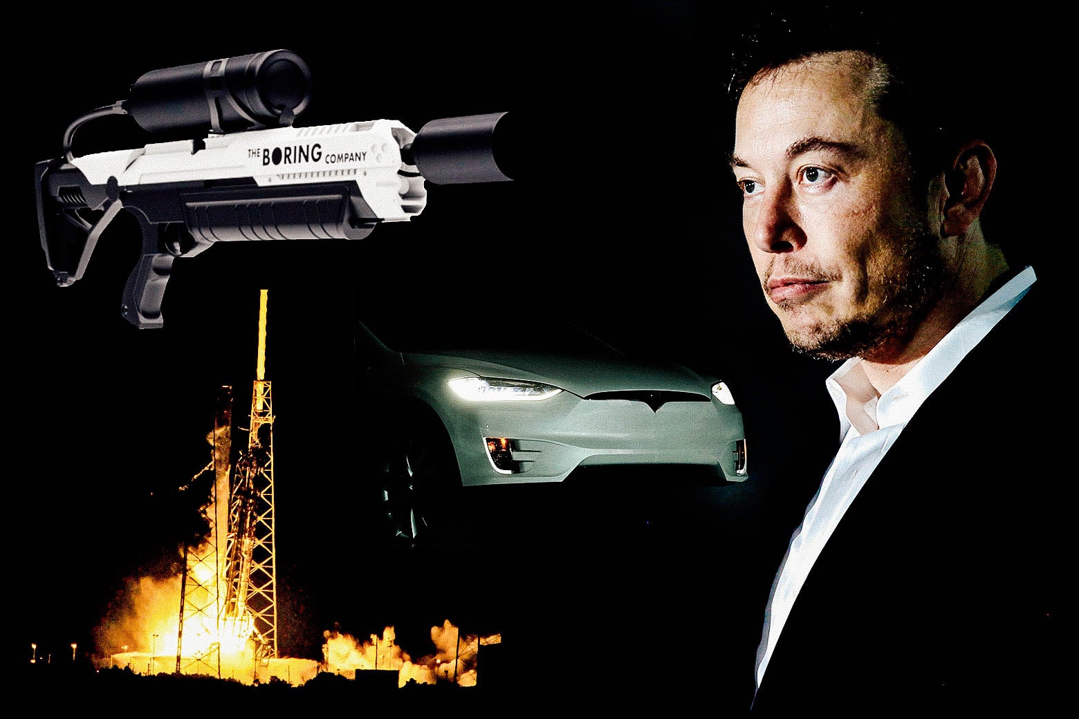 A collage of a Boring Company flamethrower, a Tesla, a SpaceX launch, and Elon Musk.