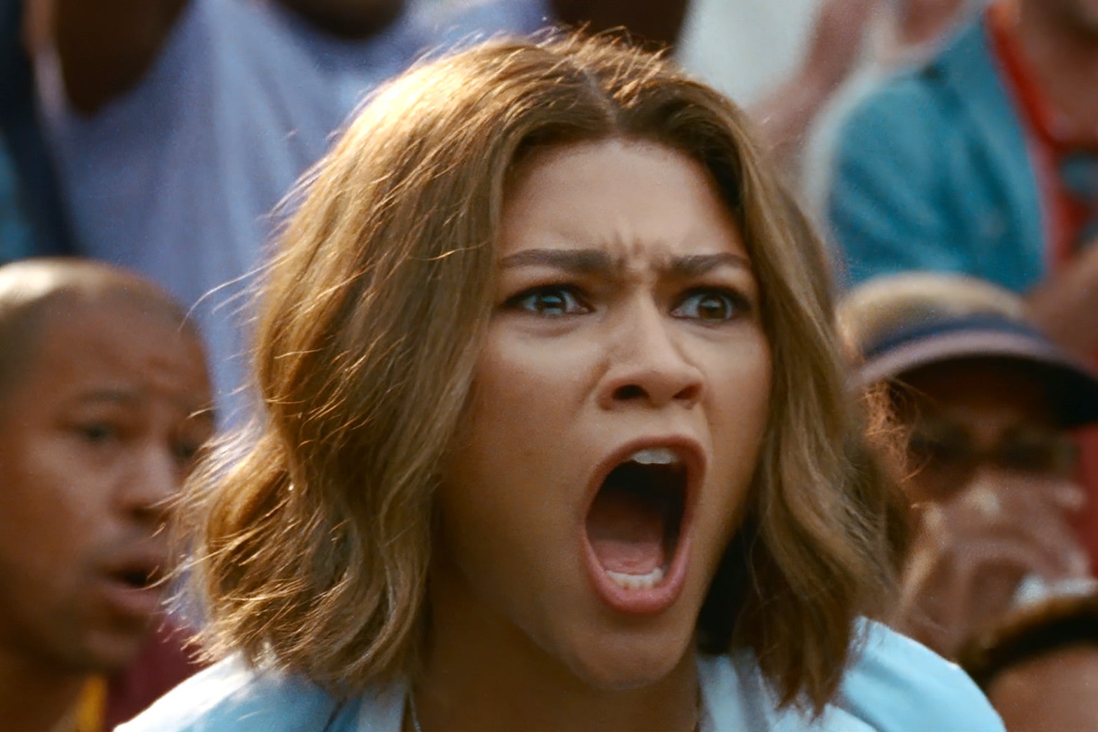 	
Zendaya screaming at a tennis match in the movie Challengers.