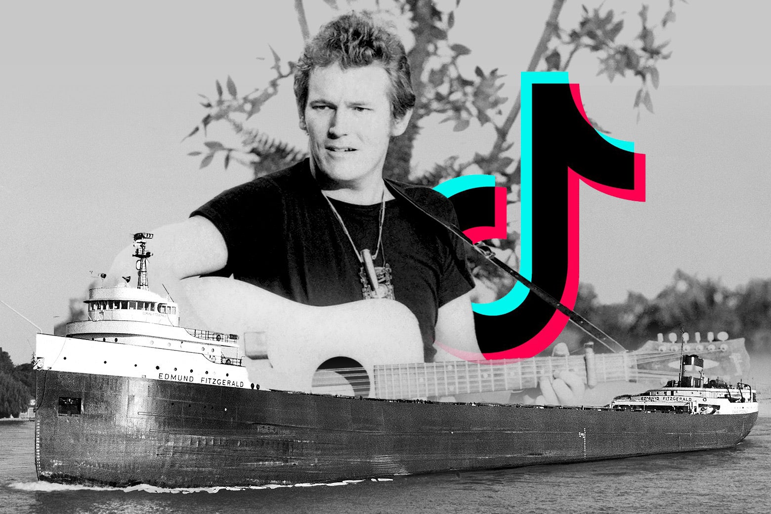 Гордон Лайтфут рядом с логотипом TikTok, наложенным на изображение SS Edmund Fitzgerald