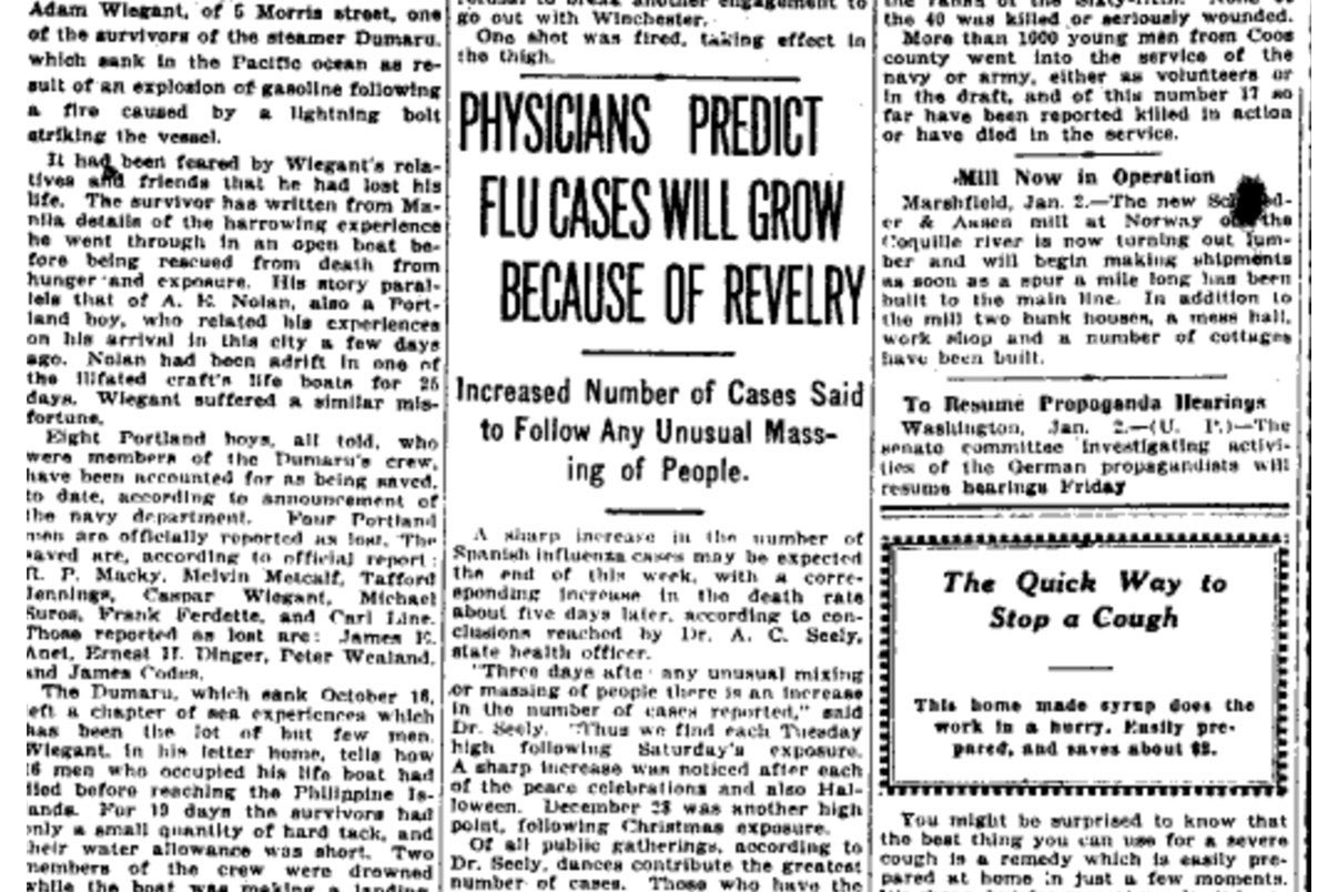 A headline reads, "PHYSICIANS PREDICT FLU CASES WILL GROW BECAUSE OF REVELRY."