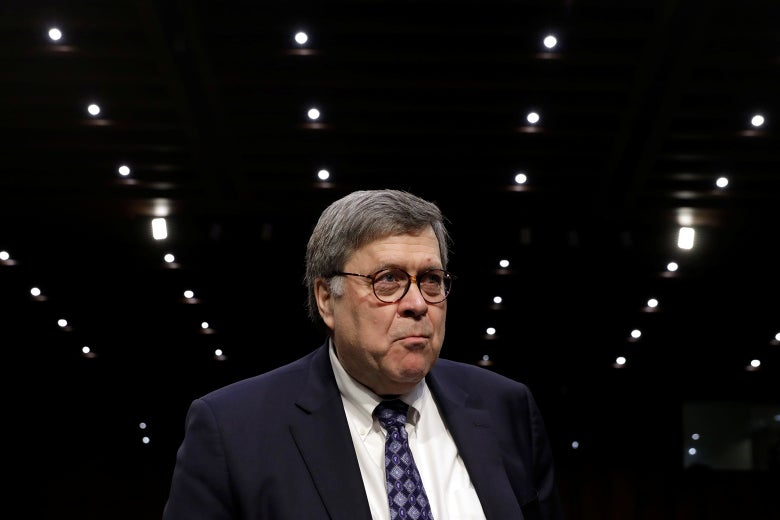 William Barr in a hearing room.