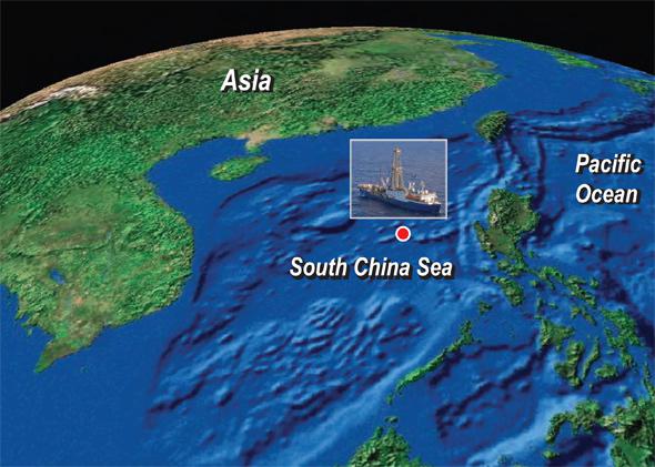 Map of the South China Sea, with inset of the drilling ship JOIDES Resolution.