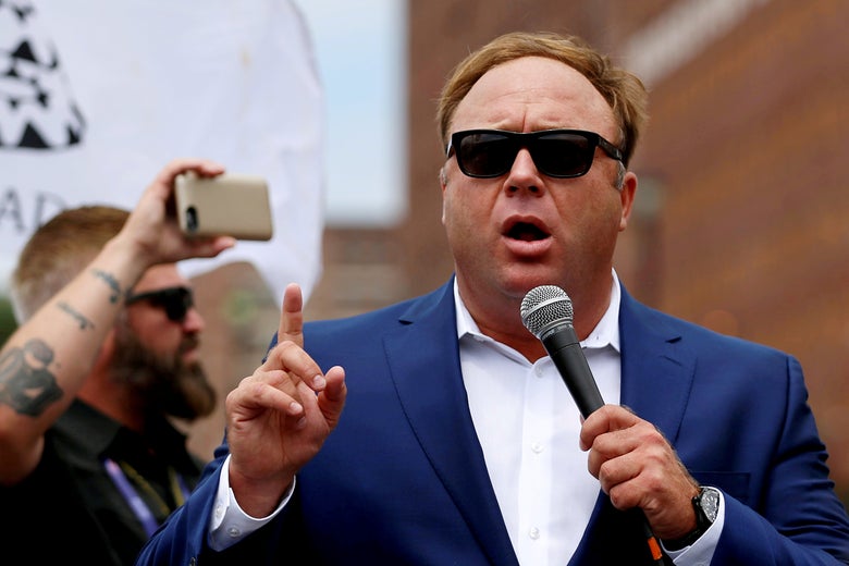 Alex Jones speaks during a rally in support of then-candidate Donald Trump in Cleveland in 2016.