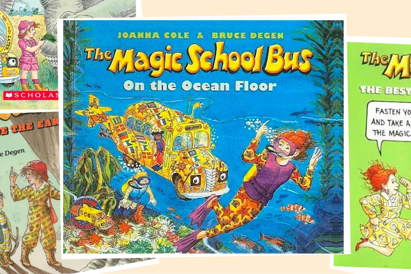 the covers of several Magic School Bus books, featuring Ms Frizzle