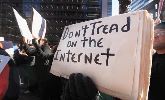 Protesters demonstrate against the proposed Stop Online Piracy Act (SOPA).