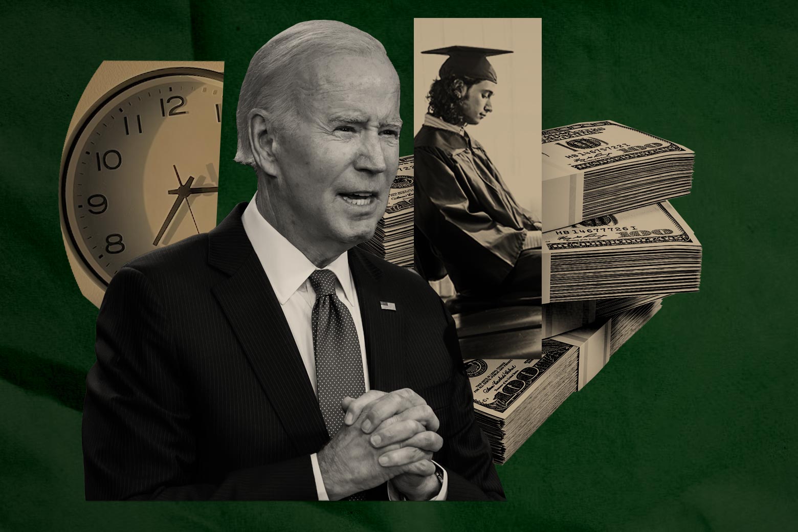 Cutout images of Biden, a graduating student, a pile of money, and a clock.