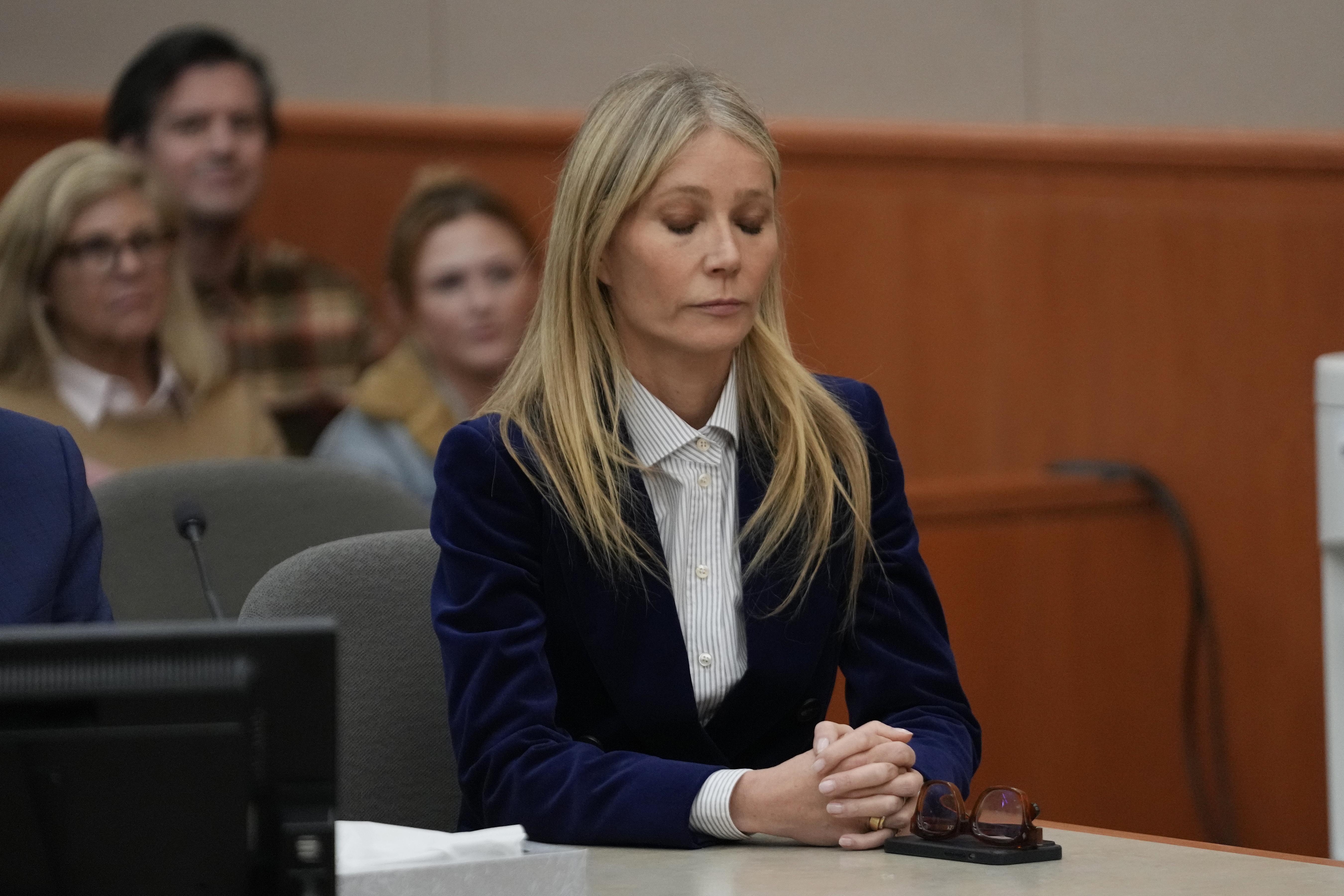 PARK CITY, UTAH - MARCH 30:  Actor Gwyneth Paltrow sits in court as the verdict is read in her civil trial over a collision with another skier on March 30, 2023, in Park City, Utah. The jury found retired optometrist Terry Sanderson "100 percent at fault" in the mishap that occurred during a run at Deer Valley Resort in Park City, Utah in 2016. Paltrow was awarded the $1 for which she had countersued.  (Photo by Rick Bowmer-Pool/Getty Images)
