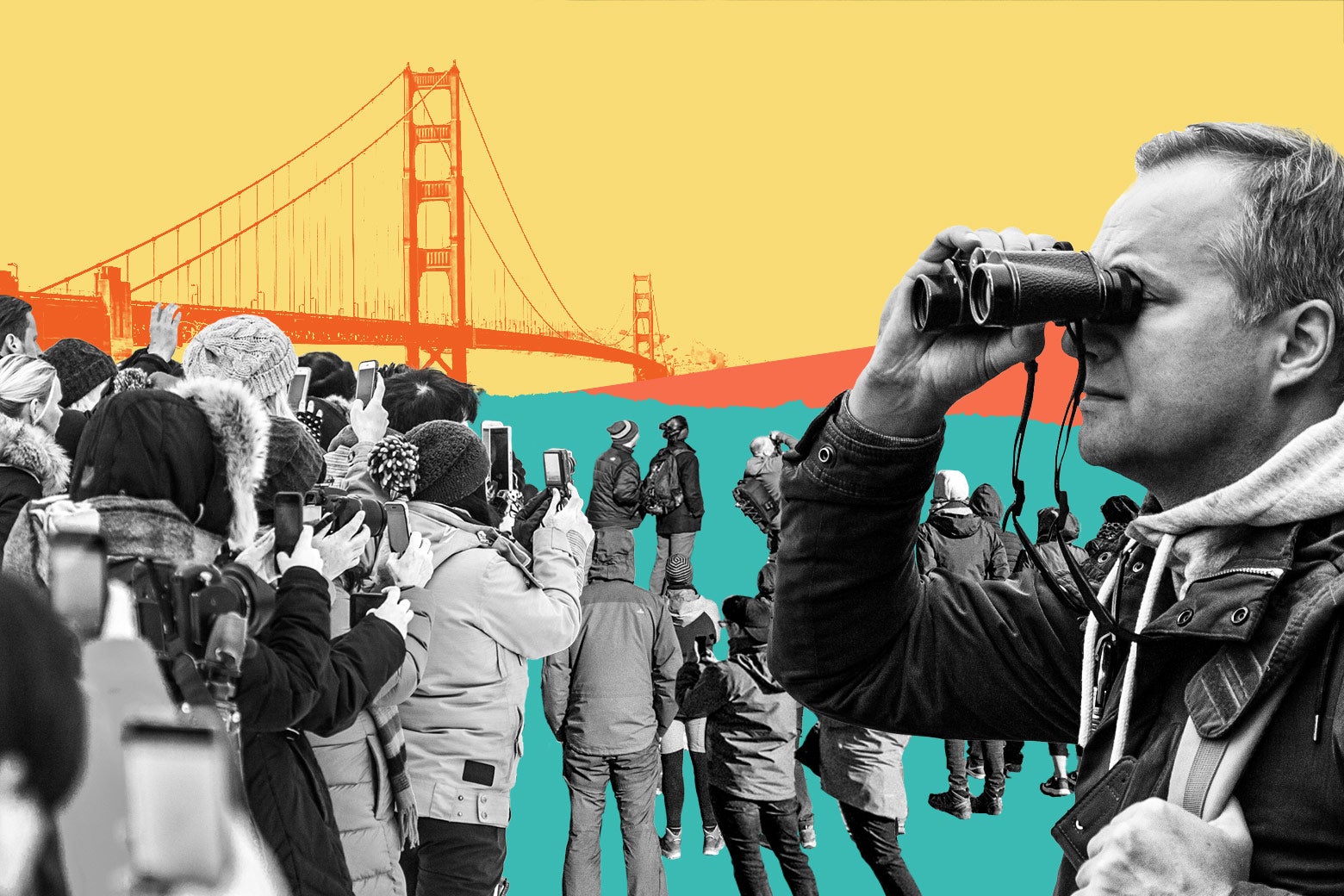 Illustration of a crowd of tourists at Golden Gate National Recreation Area.