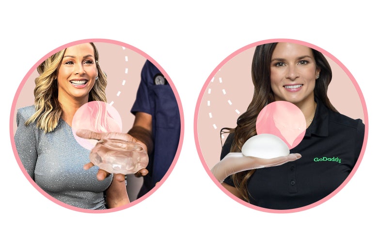 A blond and brunette woman presented with silicone breast implants.
