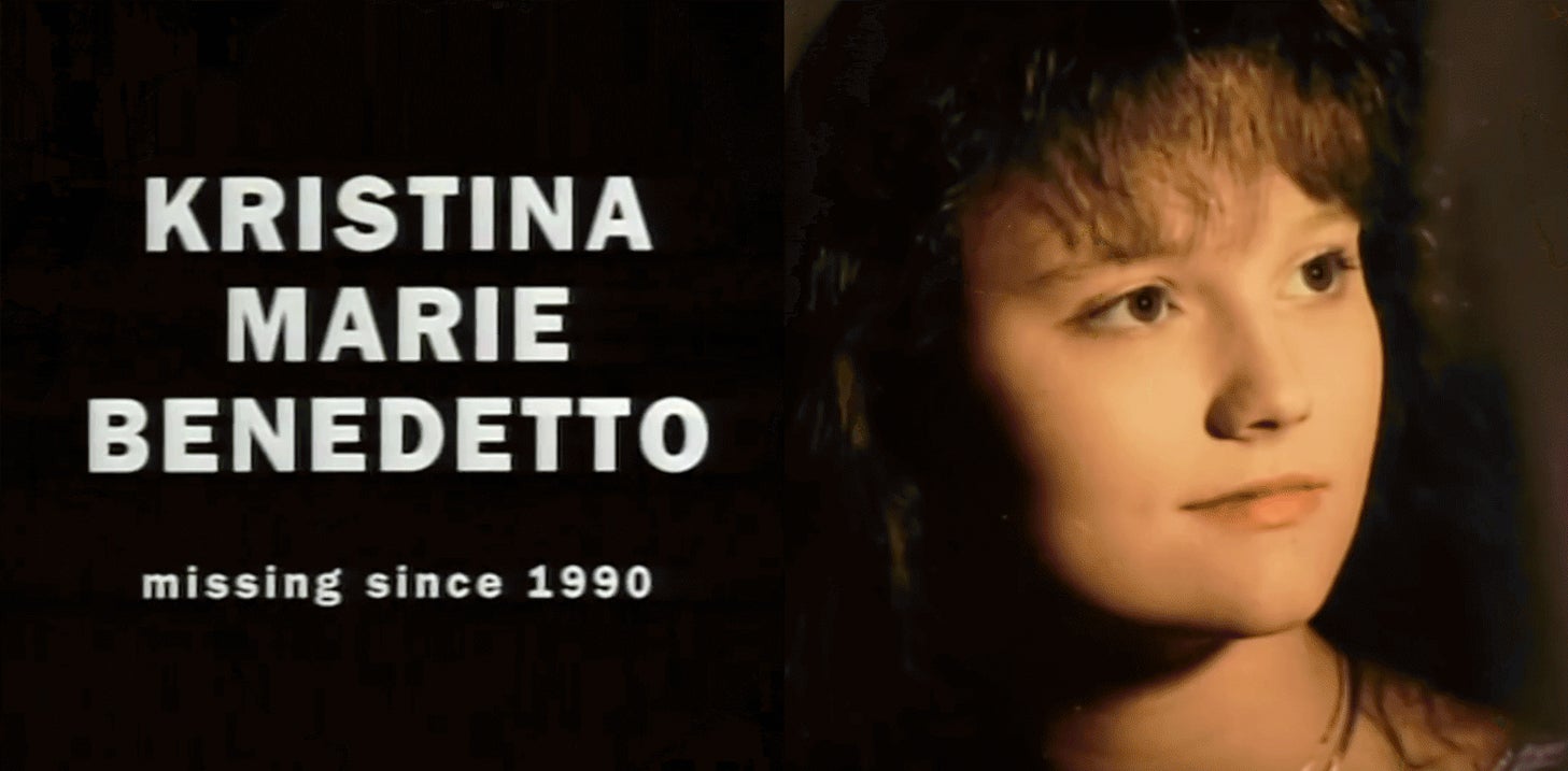 A music-video still of Kristina Marie Benedetto, with her name and the text "Missing Since 1990."