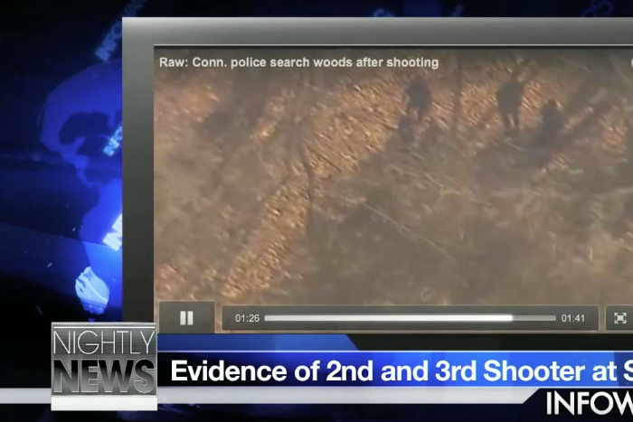 Screenshot of a YouTube video on the Alex Jones channel about how the Sandy Hook Massacre was a “A DHS Illusion”