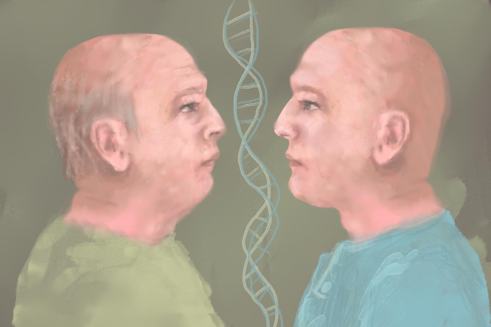 A balding man stares at a mirror-image younger version of himself, with a DNA strand in the background.