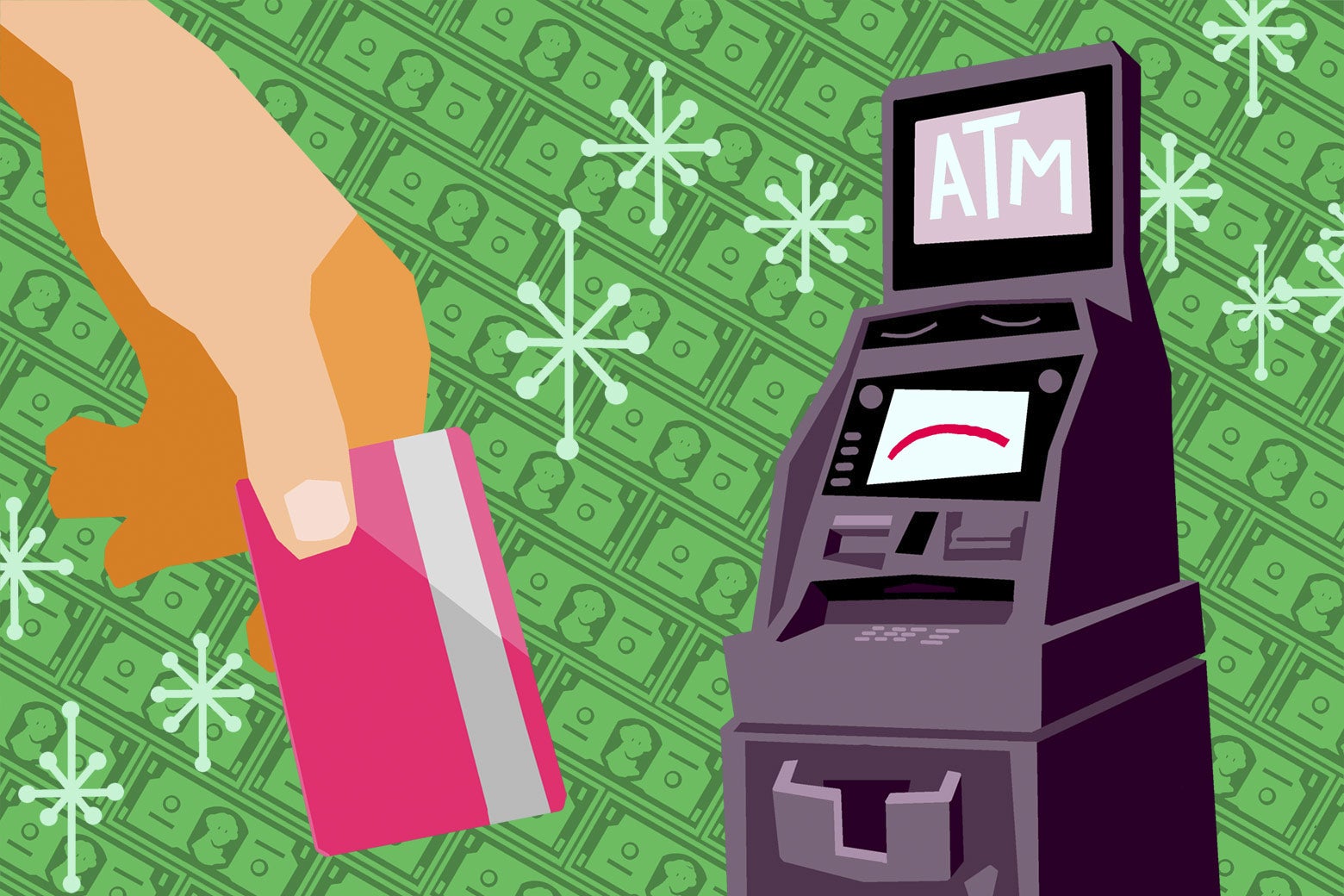 Illustration of a hand holding a pink credit or debit card with an ATM in the background. The background is money.