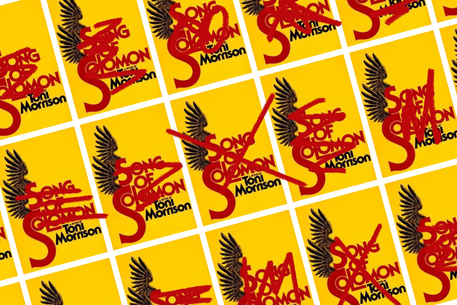 Collage of covers of Toni Morrison's 1977 novel Song of Solomon, with red X's through them.