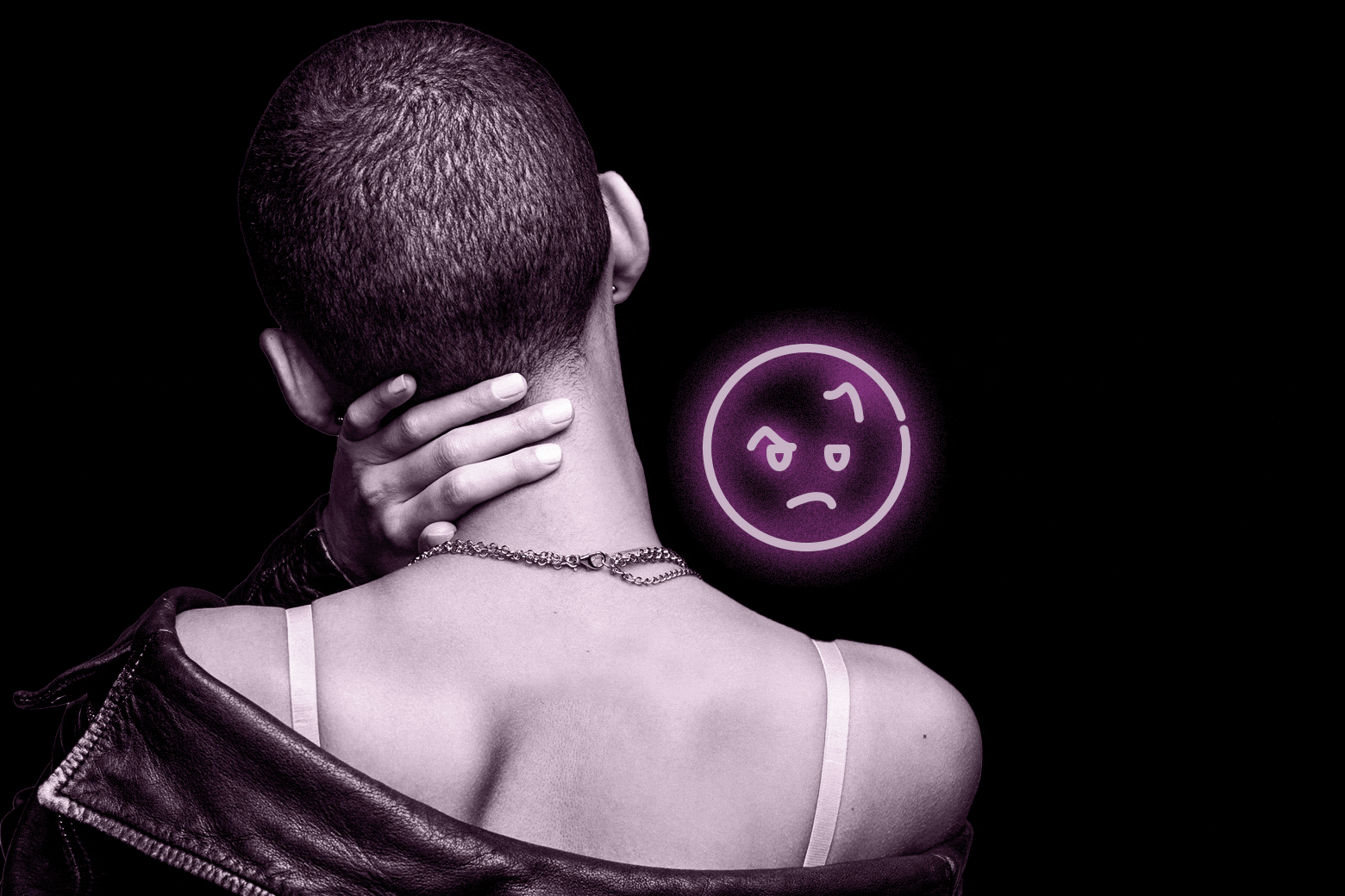 Someone's back, while they hold their neck. A questioning emoji floats next to them.