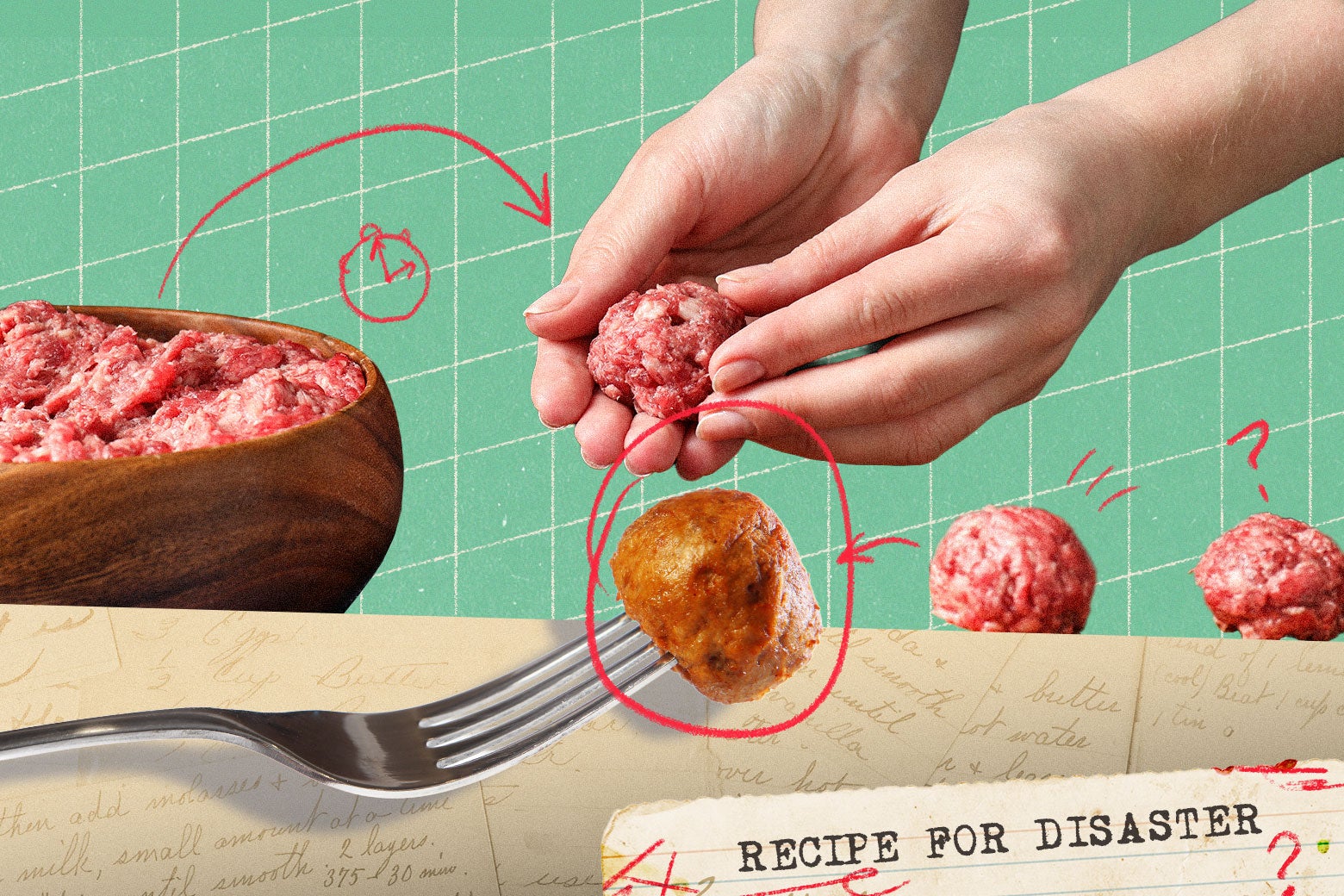 Hands are rolling meatballs and nearby is a perfectly cooked meatball on a fork.