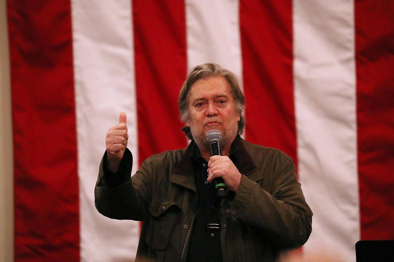 Steve Bannon speaks before the arrival of Republican Senatorial candidate Roy Moore during a campaign event at Jordan’s Activity Barn on December 11, 2017 in Midland City, Alabama.