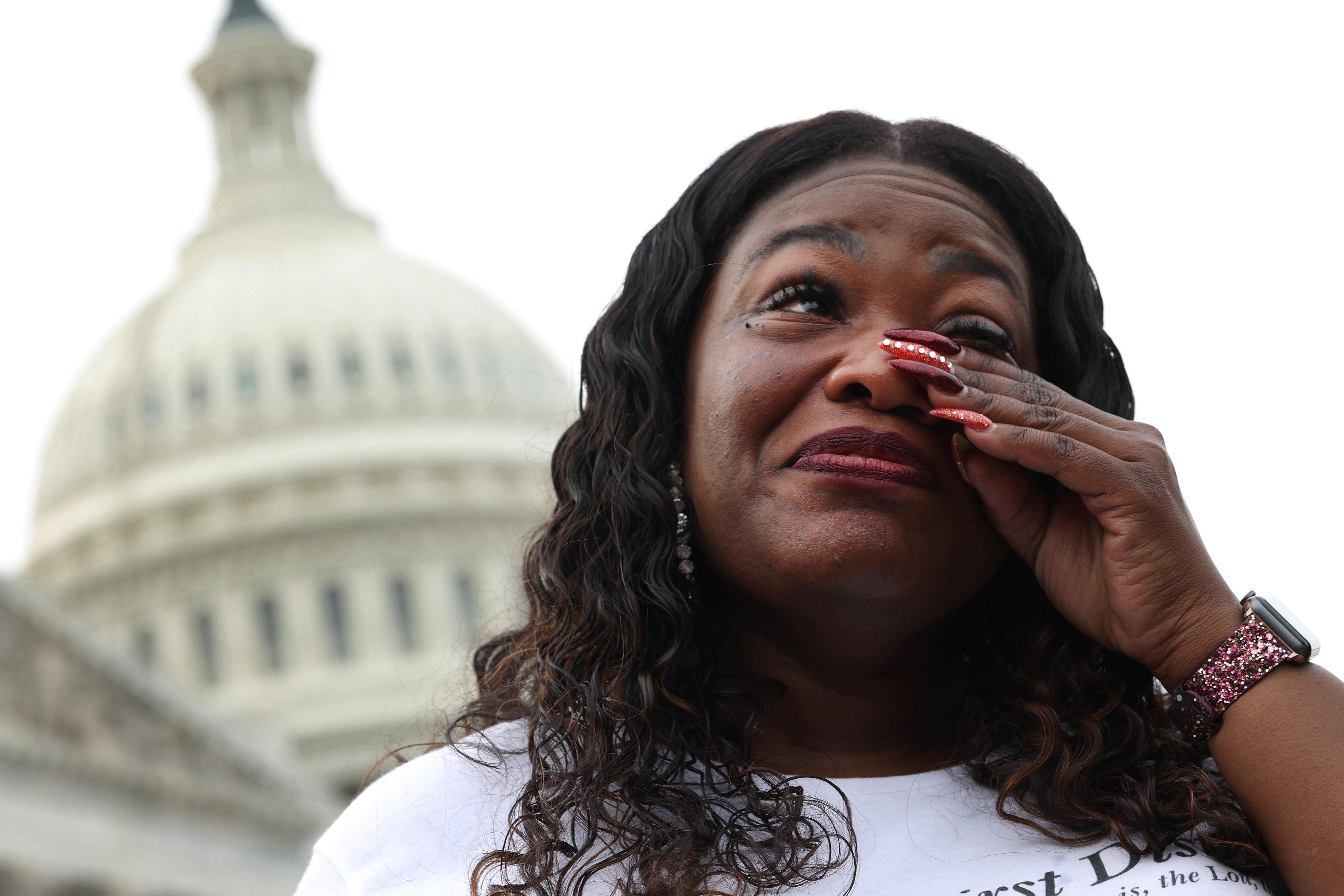 Rep. Cori Bush (D-MO) becomes emotional during a news conference on the eviction moratorium at the Capitol on August 3, 2021 in Washington, D.C.