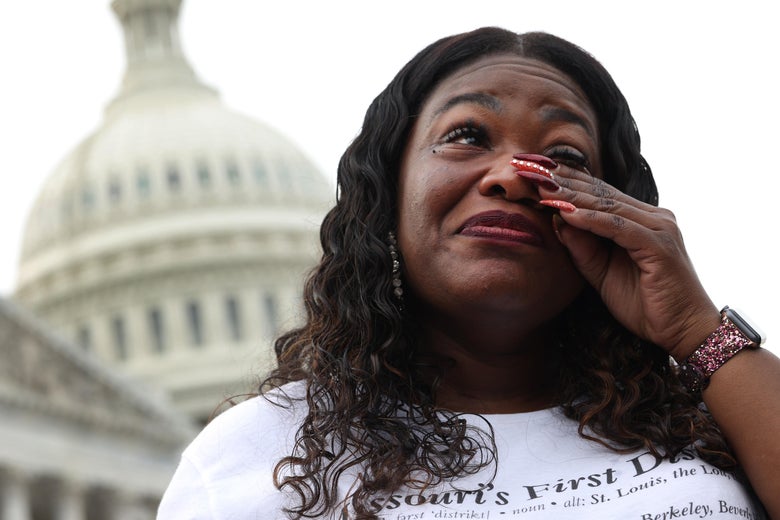 Rep. Cori Bush (D-MO) becomes emotional during a news conference on the eviction moratorium at the Capitol on August 3, 2021 in Washington, D.C.