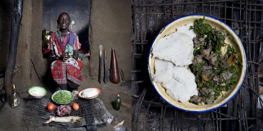 Normita Sambu Arap, 65 years old – Oltepessi (masaai mara) Kenya –– Mboga and orgali (white corn polenta with vegetables and goat) 