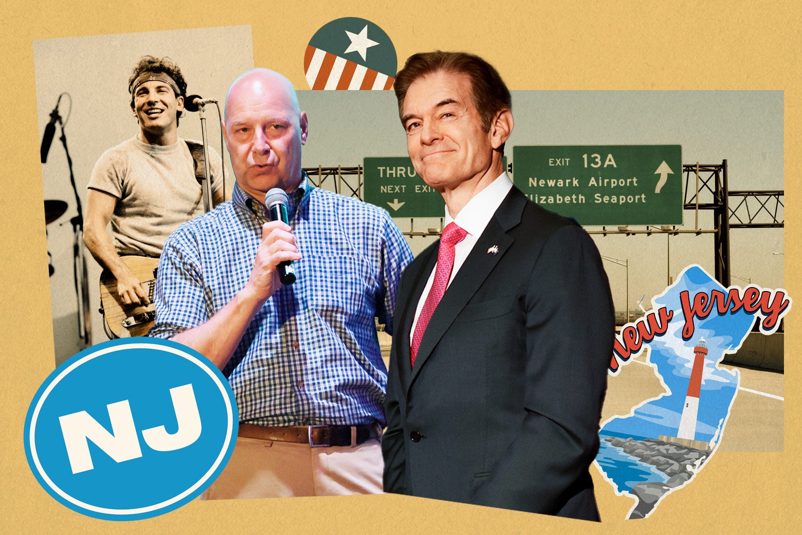 Mastriano, wearing a button-down shirt and holding a microphone, is seen in a collage with Dr. Oz, Bruce Springsteen, the New Jersey Turnpike, and a cutout silhouette of the state in which a Jersey Shore beach is visible.