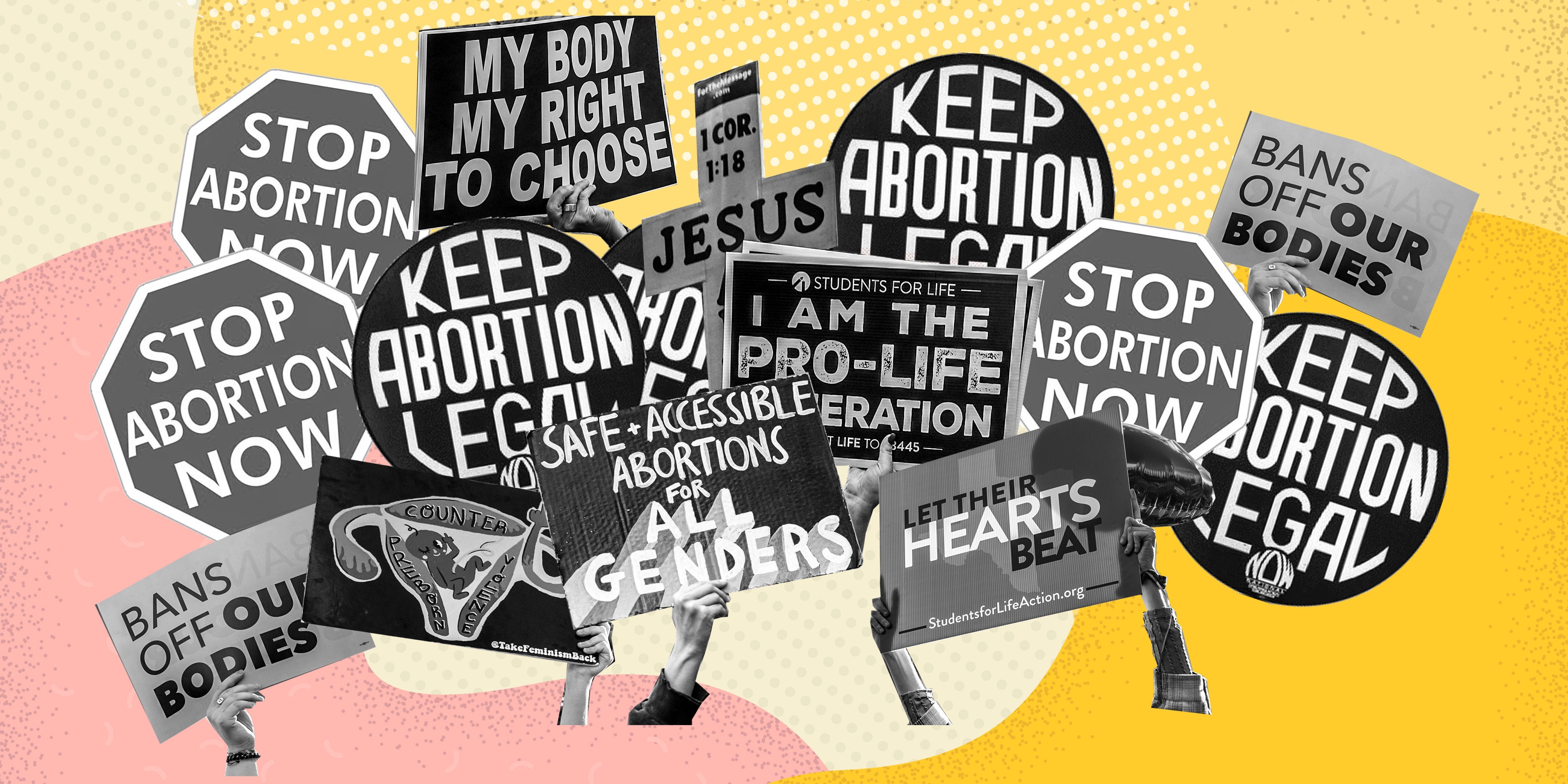Collage of pro-choice and anti-abortion protest signs