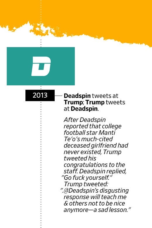 Deadspin logo. In 2013, Deadspin tweets at Trump; Trump tweets at Deadspin. After Deadspin reported that college football star Manti Te'o's much-cited deceased girlfriend had never existed, Trump tweeted his congratulations to the staff. Deadspin replied, "Go fuck yourself." Trump tweeted: "Deadspin's disgusting response will teach me and others not to be nice anymore—a sad lesson."